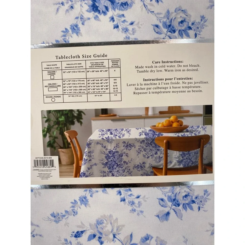 Badgley Mischka Tablecloth 60x102 Blue White Floral Toile Spill Proof Oblong